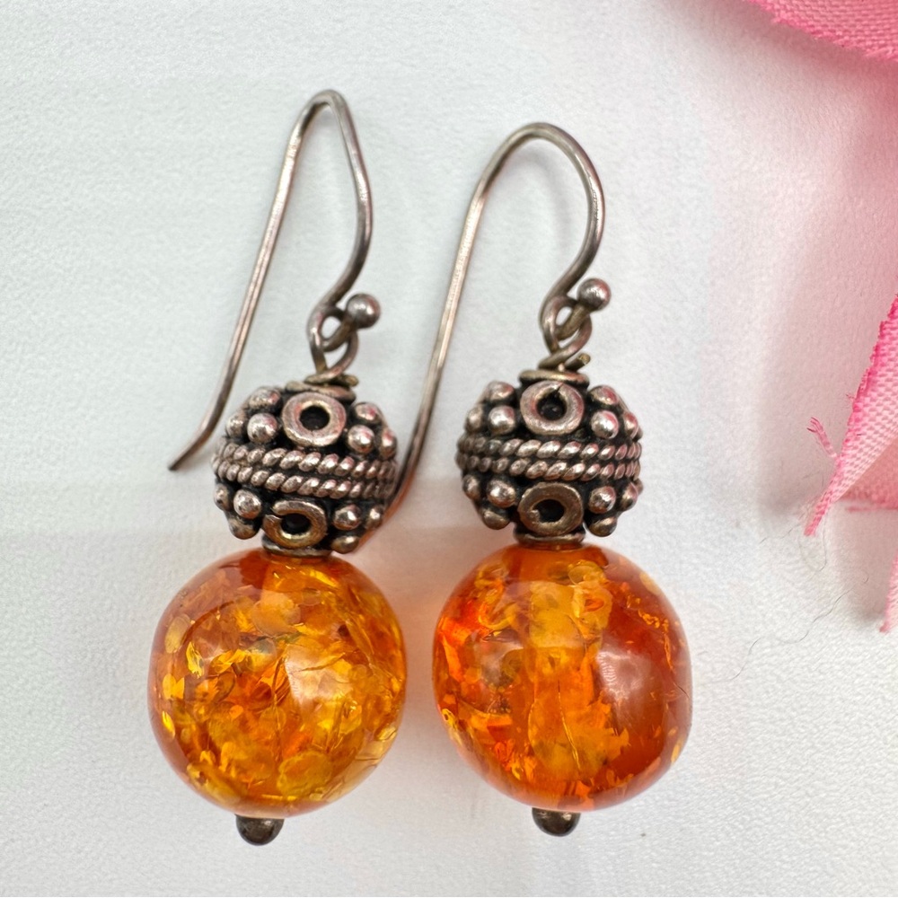 Bali Style Amber Chunk & Silver Bali Style Bead Dangle Earrings Acid UV Tested